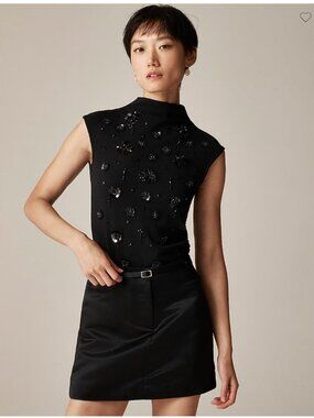 J. Crew Black Floral Embellishment Stretch Cotton-Blend Mock Neck Size XS NWT